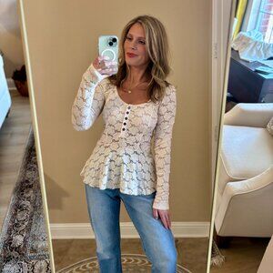 Free People Eyelet Lace Peplum Henley Top in Blush